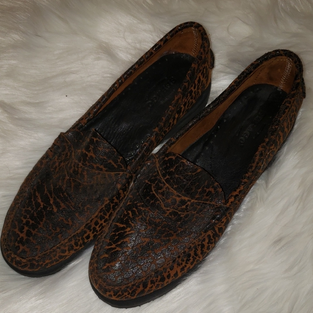Sebago Brown and Black Leopard Print Leather Loafers